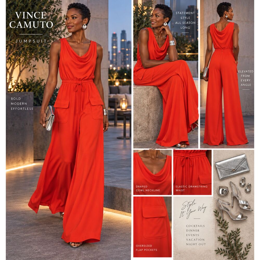 Vince Camuto Orange Cowl Neck Wide Leg Jumpsuit Size S 62" Long